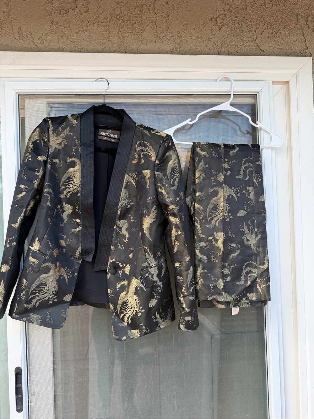 Roberto Cavalli Black and Gold Brocade Tuxedo Jacket & Trouser Set